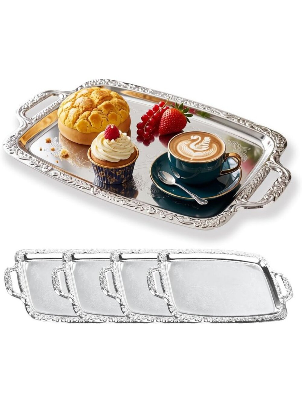4-Pack Stainless Steel Serving Trays with Handles - Floral Engraved Metal